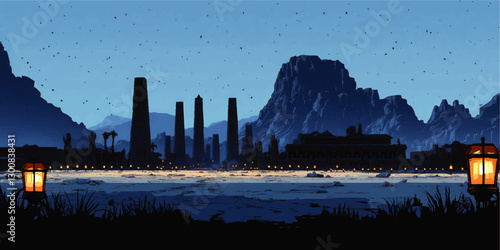 Mesmerizing Ancient Desert Night Landscape with Illuminated Lanterns and Mysterious Obelisks Amidst Majestic Mountain Silhouettes in a Vector Illustration