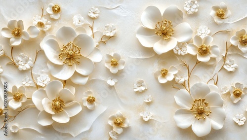 Elegant 3D white and gold flowers on textured background.