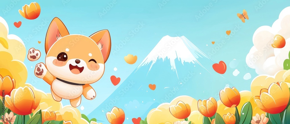 Fluffy shiba inu dashing through tulips with mt. Gigapixel colorful landscape vibrant environment playful atmosphere Fluffy shiba inu dashing through tulips with mt. Gigapixel colorful landscape vibrant environment playful atmosphere
