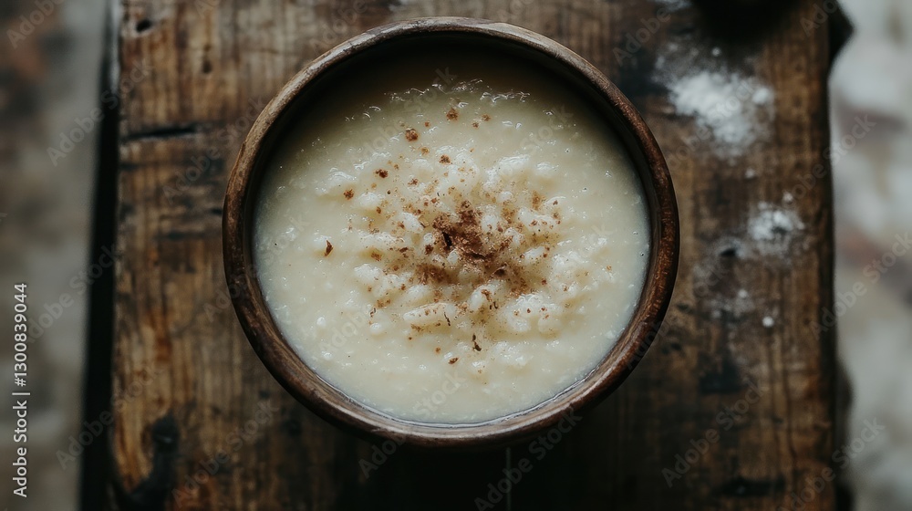 Creamy risotto in rustic wooden bowl, overhead view. Creamy risotto in rustic wooden bowl, overhead view.
