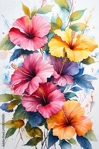 Wallpaper Mural Colorful Watercolor Painting of Vibrant Hibiscus Flowers Torontodigital.ca