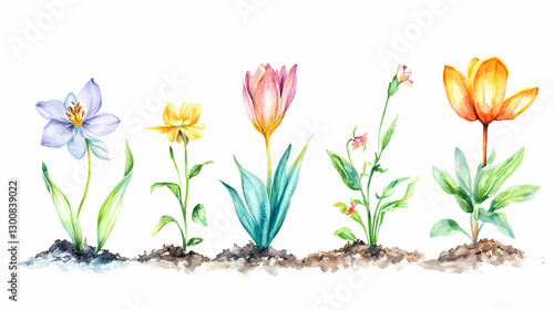 Fototapeta Naklejka Na Ścianę i Meble -  Stages of plant growth and development, evolution from seed in the soil to seedlings. watercolor illustration, hand drawn on a white background. Growth - Flower. Illustration