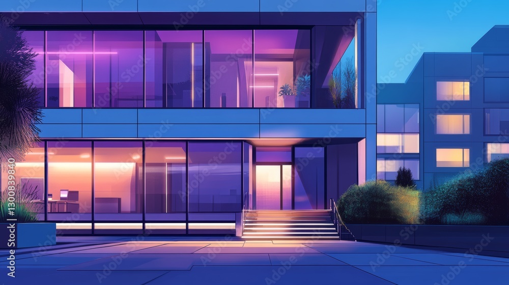 Modern office building in the evening. Facade purple mirror Modern office building in the evening. Facade purple mirror