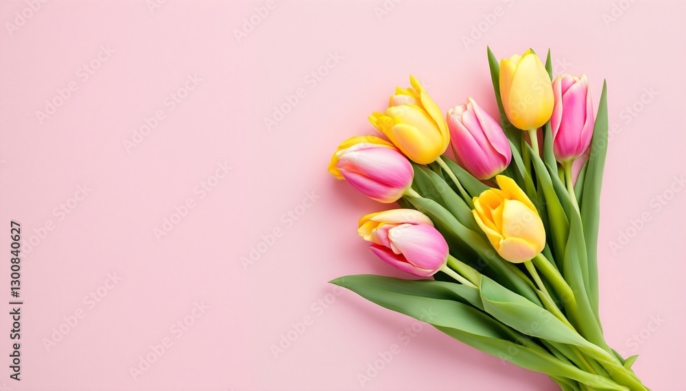 Obraz premium The image is of pink and yellow tulips on a pink background.