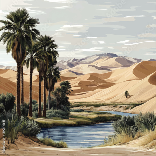 Wallpaper Mural Stunning Vector Illustration of Serene Desert Oasis with Vibrant Palm Trees, Rippling Blue Water, and Majestic Sand Dunes Under a Partly Cloudy Sky Torontodigital.ca