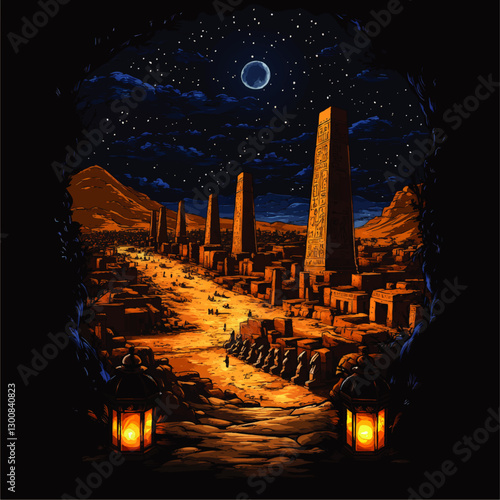 Mesmerizing Ancient Egyptian Desert Nightscape with Illuminated Lanterns, Majestic Obelisks, Starry Sky for Mystical and Historic Vector Art Enthusiasts