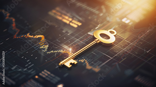 Golden key on dark wooden table symbolizing private credit and financial security, with abstract financial charts in the background, representing trust and wealth management concepts.