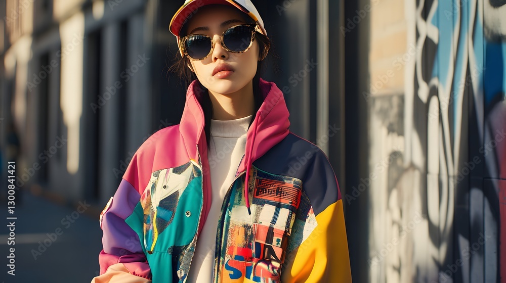 Fototapeta premium A creative urban look featuring layered graphic swe showcasing a stylish woman in a colorful jacket and sunglasses in a vibrant city street setting