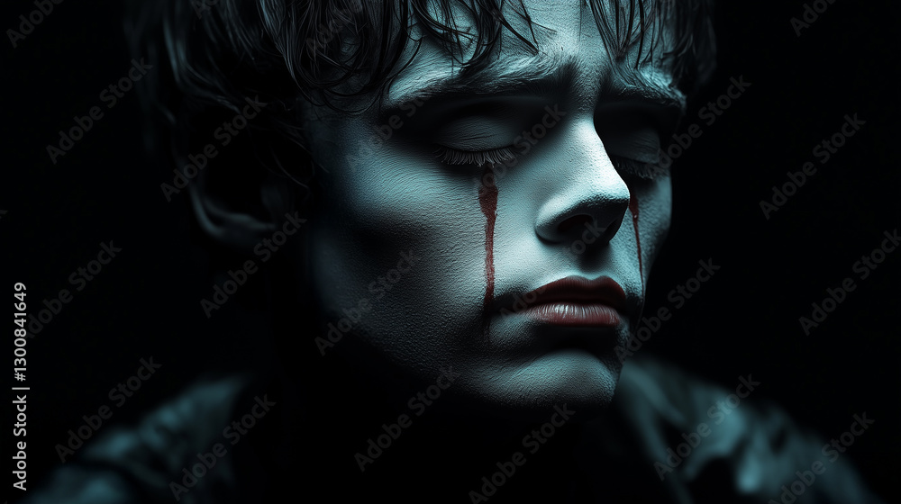 Close-Up of a Melancholic Clown with Tear-Streaked Face in Dark Dramatic Lighting Close-Up of a Melancholic Clown with Tear-Streaked Face in Dark Dramatic Lighting