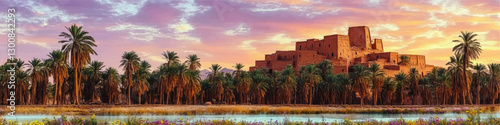 Enchanting Desert Oasis Landscape with Ancient Fortified Village and Lush Palm Trees Under Vibrant Colorful Sunset Sky Reflected in Tranquil Water View Vector Art