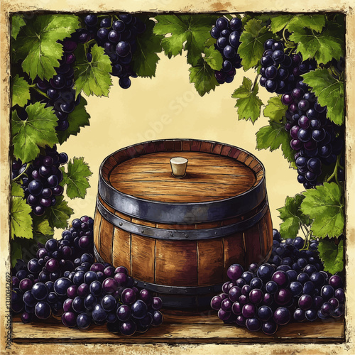 Rustic Wine Barrel with Grapes and Vines Illustration: Vintage Vineyard Theme for Wine Lovers and Decor Enthusiasts in High-Quality Vector Art Style