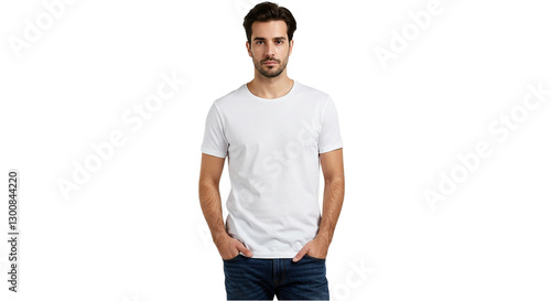 Man in white tshirt and jeans hands in pockets casual style simple design clean background mockup template

