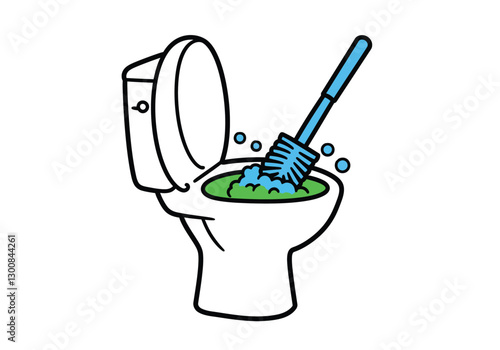 Toilet cleaning clipart. A toilet brush scrubs the inside of a toilet bowl with green water and blue bubbles. Vector illustration design.