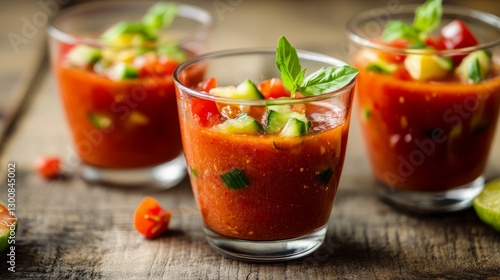 Wallpaper Mural Traditional Spanish Gazpacho with Fresh Vegetables and Basil in Glass Cups on Rustic Wooden Table Torontodigital.ca