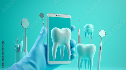 3D Digital Dentistry Concept – Smartphone Displaying Dental Tools, Blue Gloved Hand, Teal Background, Online Booking, Modern Dental Technology, Oral Care, Professional Medical Marketing
