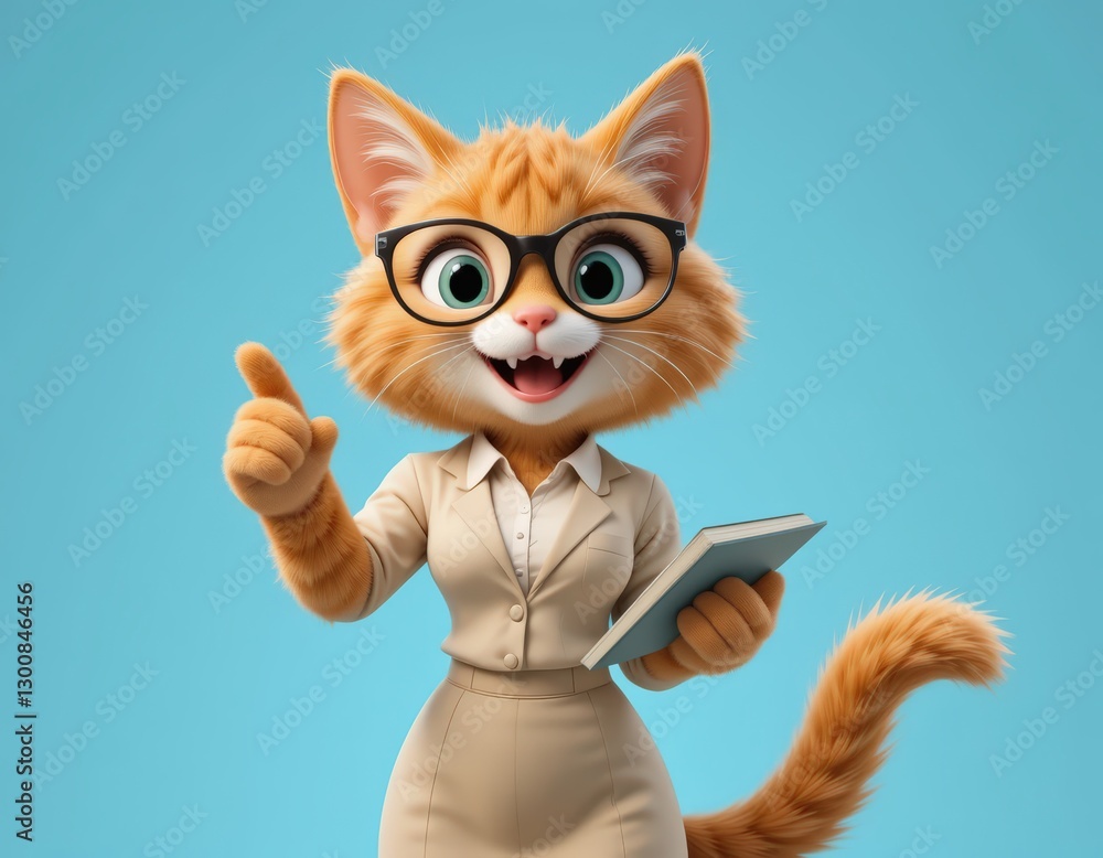 Cartoon Cat Teacher with Book Giving Advice on Blue Background Cartoon Cat Teacher with Book Giving Advice on Blue Background