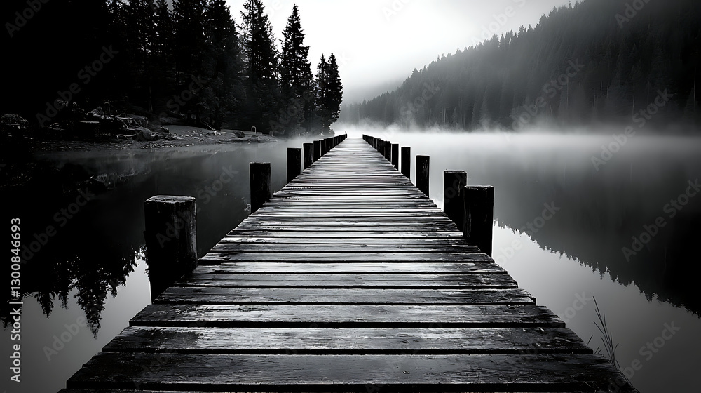 Obraz premium A wooden bridge spans a body of water, with fog in the background. generated using AI