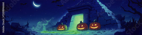 Mysterious Pyramid with Glowing Doorway and Spooky Pumpkins Under Moonlit Night Sky - Bats Flying, Halloween Theme Vector Illustration for Seasonal Design