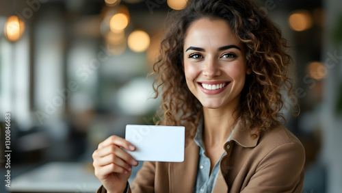 Smiling professional holding a business card.