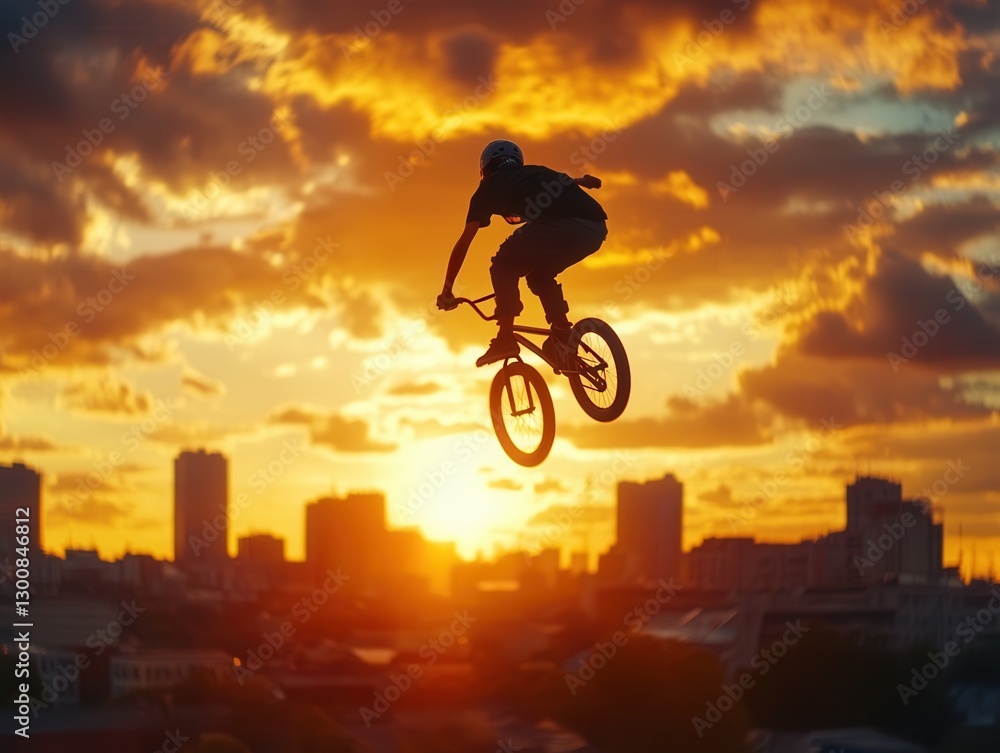 Obraz premium BMX rider defies gravity at sunset against a stunning urban skyline backdrop. Generative AI
