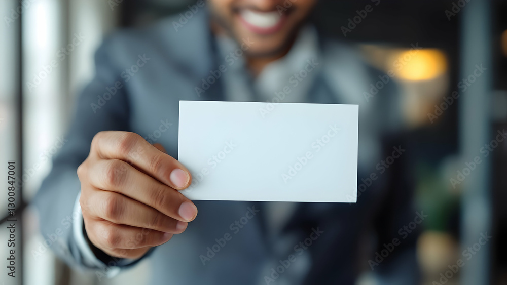Smiling professional holding a business card. Smiling professional holding a business card.