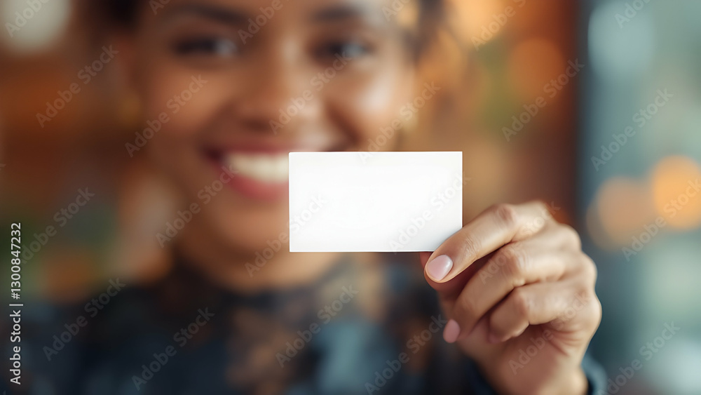 Smiling professional holding a business card. Smiling professional holding a business card.