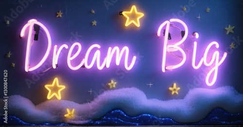 Neon sign dream big glowing stars floating cosmic waves inspiring radiant soft glow bright colorful realistic photo