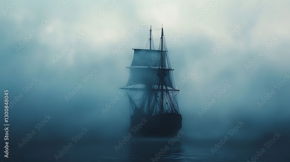Sailing ship in dense ocean fog Sailing ship in dense ocean fog