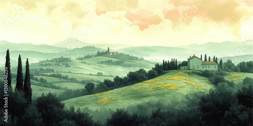 Stunning Tuscan Countryside Landscape Vector Art with Rolling Hills, Rustic Farmhouse, Cypress Trees, Lush Greenery, and Vibrant Yellow Flowers under a Pastel Sky