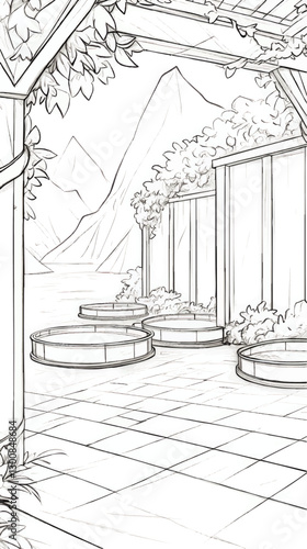 Minimalist Outdoor Patio Sketch with Circular Planters, Paved Ground, Pergola, and Mountain View - Ideal for Garden Design and Landscape Architecture Inspiration