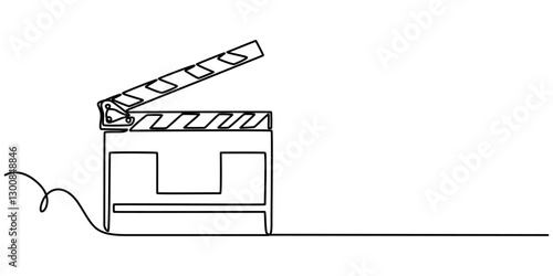 Film clapper in one line drawing. Minimalist entertainment concept, Continuous line drawing of retro old classic movie board clapper and film reel. One single line art vintage film scene taker item. 