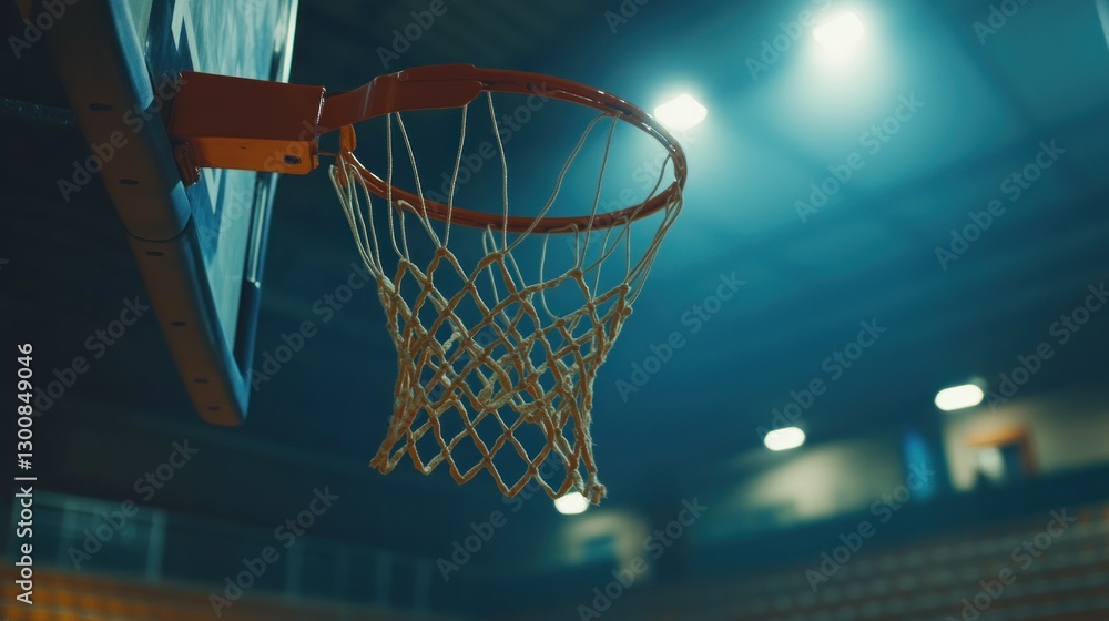 A close-up view of a basketball hoop in a dimly lit gymnasium. A close-up view of a basketball hoop in a dimly lit gymnasium.