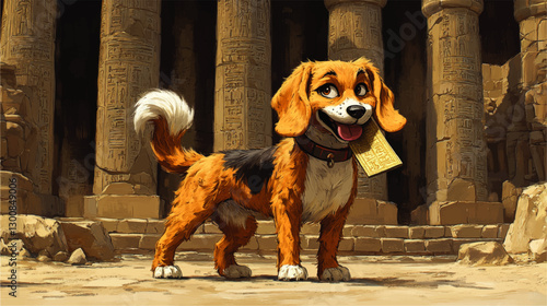 Charming Beagle with Hieroglyphic Tablet in Ancient Egyptian Ruins Vector Art - Explore Historical Imagery of Adorable Dog Amidst Detailed Stone Pillars
