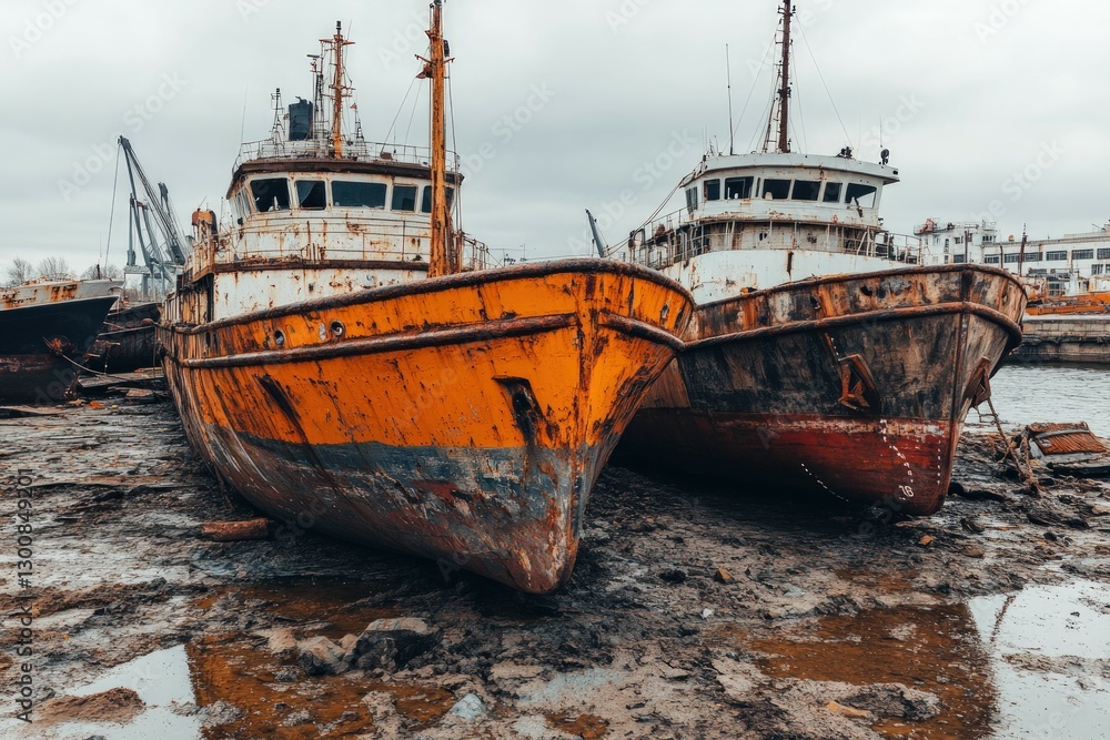 Abandoned cargo ships at polluted port industrial landscape aesthetic photography overcast environment Abandoned cargo ships at polluted port industrial landscape aesthetic photography overcast environment