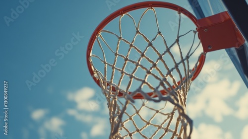 A close-up view of a basketball hoop against a clear blue sky.