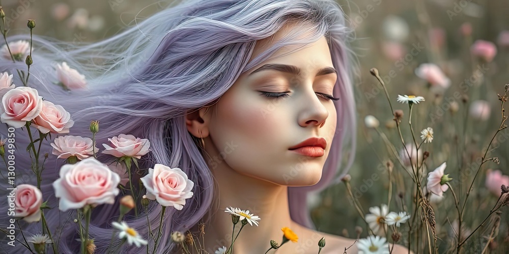 Fototapeta premium Serene Woman with Lavender Hair in a Rose Garden