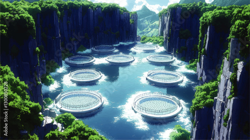 Stunning Anime Landscape of Circular Fish Farms in Scenic Cliffside Gorge with Lush Greenery and Tranquil Blue Waters Amidst Majestic Mountains and Clear Skies