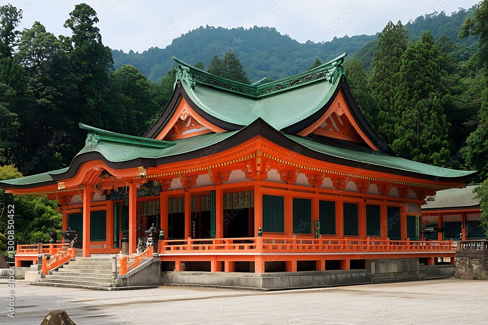 Fototapeta premium Orange Shrine nestled in mountain forest