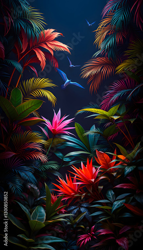 Creative layout installed with tropical colorful plants forest glow in the dark background, detailed. with white shades
