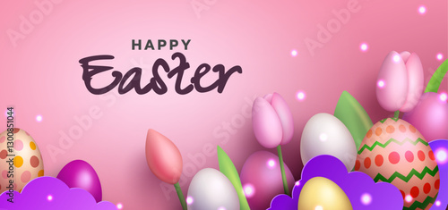 Celebrate Easter with elegant tulips, detailed eggs, and a soft pink palette. Vector Illustration