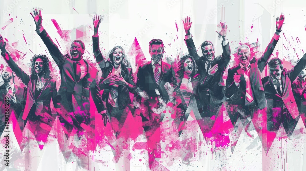 A vibrant group of business professionals is enthusiastically celebrating a recent achievement at a corporate event. A vibrant group of business professionals is enthusiastically celebrating a recent achievement at a corporate event.