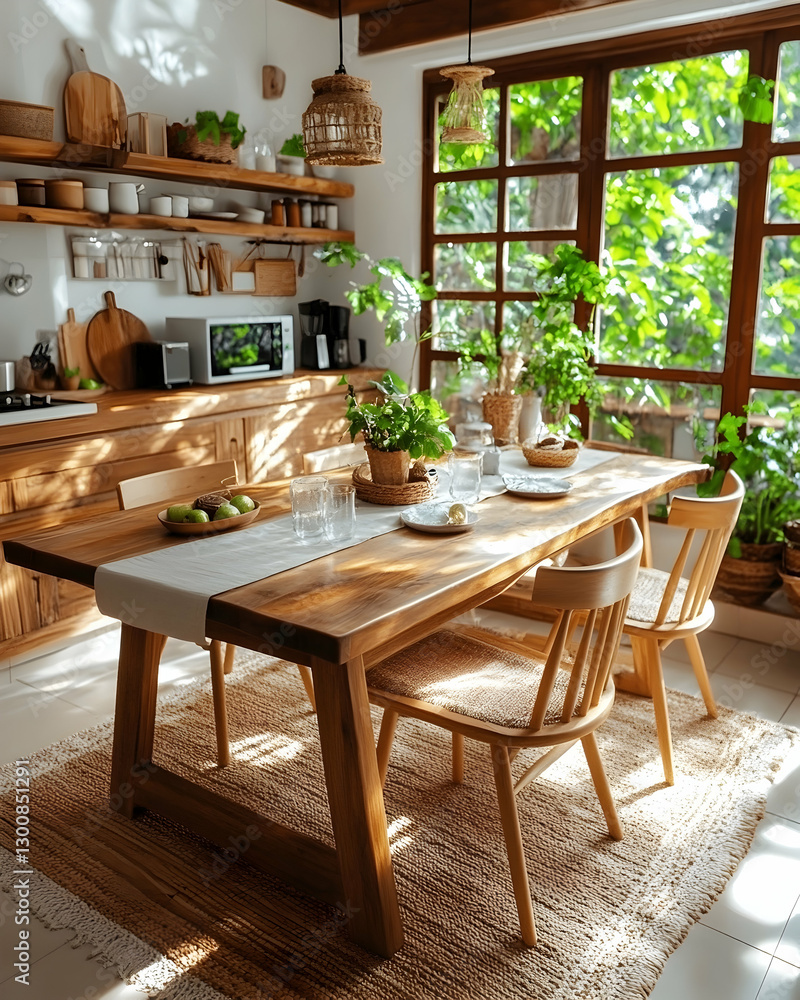 Obraz premium Sunlit kitchen dining area, nature view