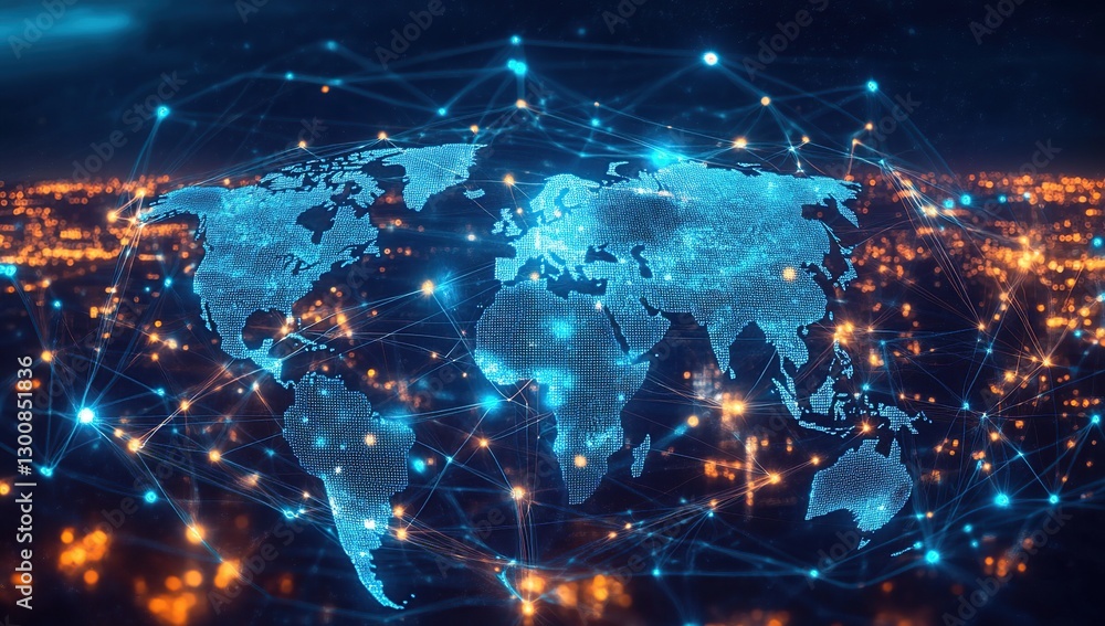 Glowing Blue World Map Network at Night Glowing Blue World Map Network at Night