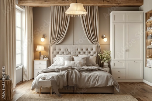 Wallpaper Mural Elegant bedroom interior with beige bedding, wooden beams, and built-in wardrobe. Torontodigital.ca