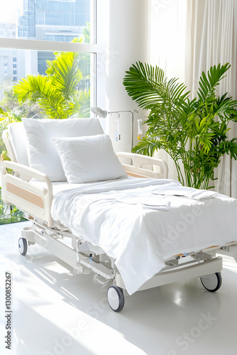 Sunny hospital room, bed, plants