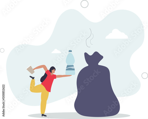Character collecting plastic and other environmentally unfriendly trash.Plastic pollution problem concept.flat character life .