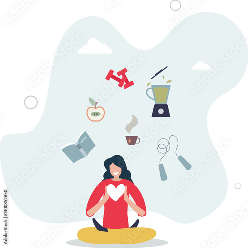 Self care personal health habits combination for wellness.Daily lifestyle for happiness and physical or emotional peace.business concept.flat character.