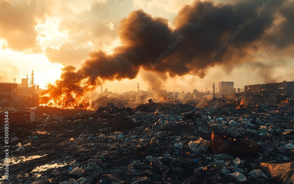 Metal containers on fire in an urban dump site, emitting dark smoke, surrounded by piles of garbage, representing a dangerous fire hazard in a neglected area Metal containers on fire in an urban dump site, emitting dark smoke, surrounded by piles of garbage, representing a dangerous fire hazard in a neglected area