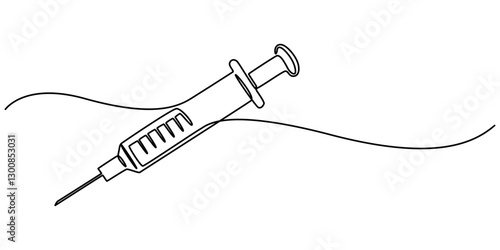 Syringe Continuous Line Art Illustration, Continuous line drawing of a syringe with. Medical syringe isolated on white background. Health and medical concepts. single-line medical disposable syringe. 