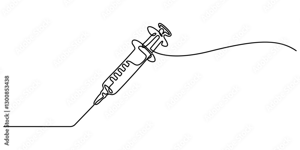 Syringe Continuous Line Art Illustration, Continuous line drawing of a syringe with. Medical syringe isolated on white background. Health and medical concepts. single-line medical disposable syringe. Syringe Continuous Line Art Illustration, Continuous line drawing of a syringe with. Medical syringe isolated on white background. Health and medical concepts. single-line medical disposable syringe.